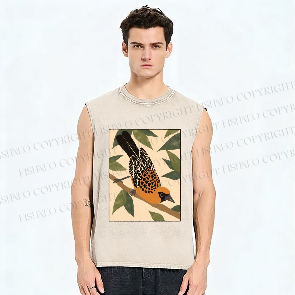 Unisex Vintage Bird on Tree Printed Washed Tank Top