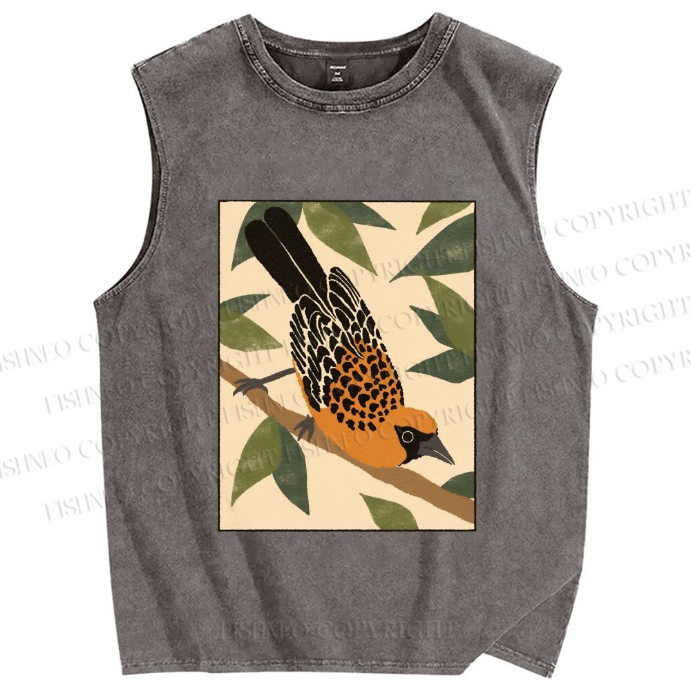 Unisex Vintage Bird on Tree Printed Washed Tank Top