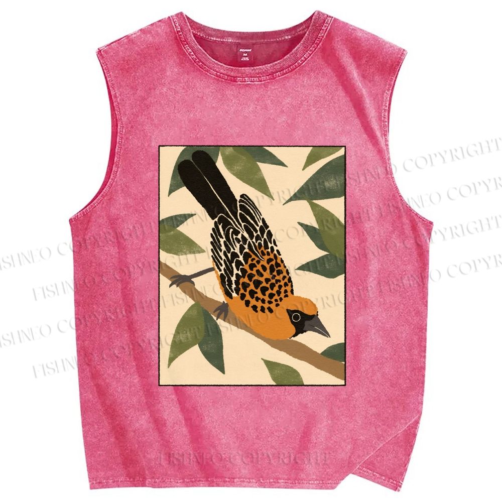 Unisex Vintage Bird on Tree Printed Washed Tank Top