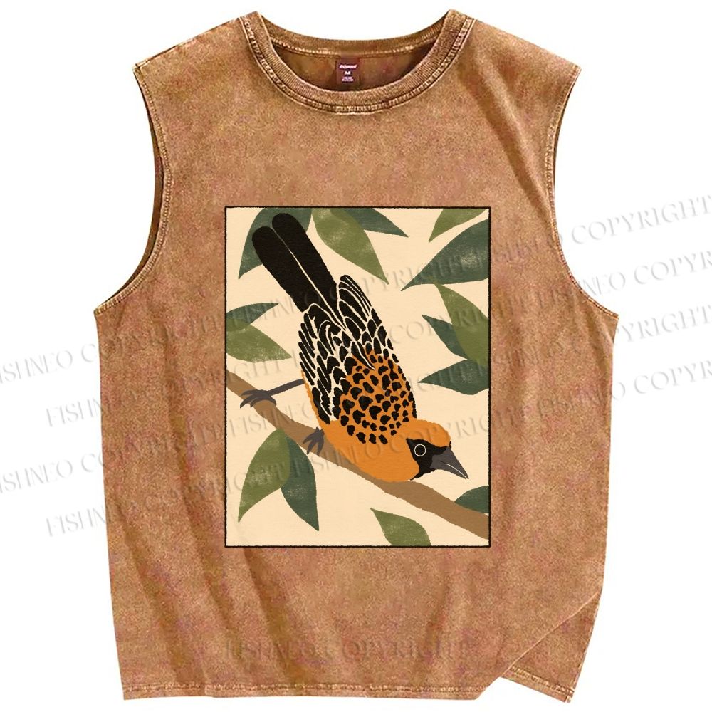 Unisex Vintage Bird on Tree Printed Washed Tank Top