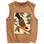 Unisex Vintage Bird on Tree Printed Washed Tank Top