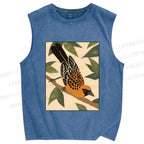 Unisex Vintage Bird on Tree Printed Washed Tank Top