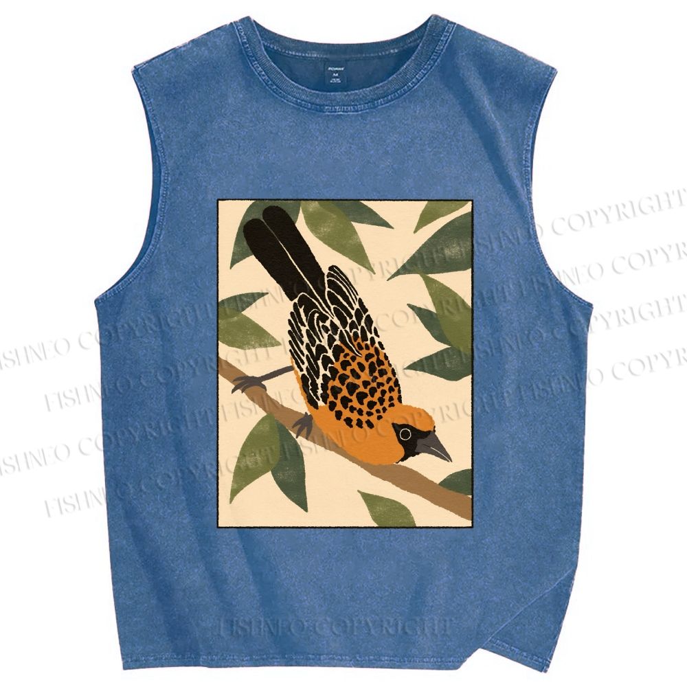 Unisex Vintage Bird on Tree Printed Washed Tank Top