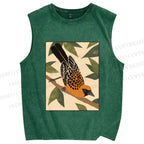 Unisex Vintage Bird on Tree Printed Washed Tank Top
