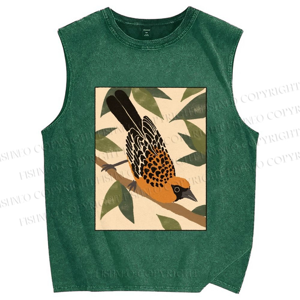 Unisex Vintage Bird on Tree Printed Washed Tank Top