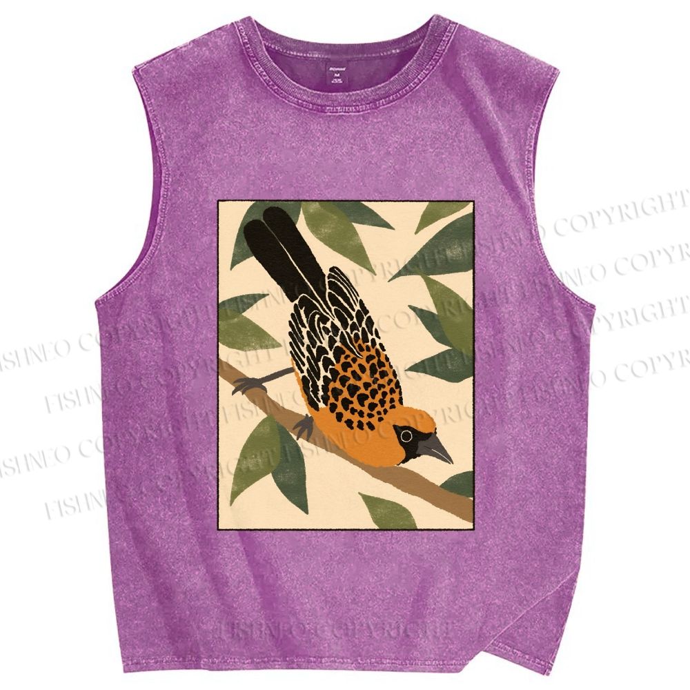 Unisex Vintage Bird on Tree Printed Washed Tank Top