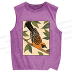 Unisex Vintage Bird on Tree Printed Washed Tank Top