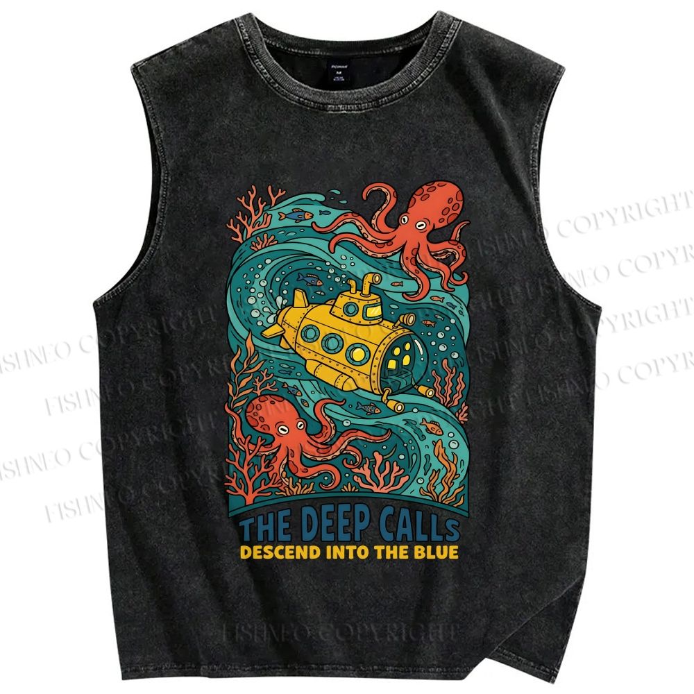 Unisex Octopus With Submarine Printed Washed Tank Top