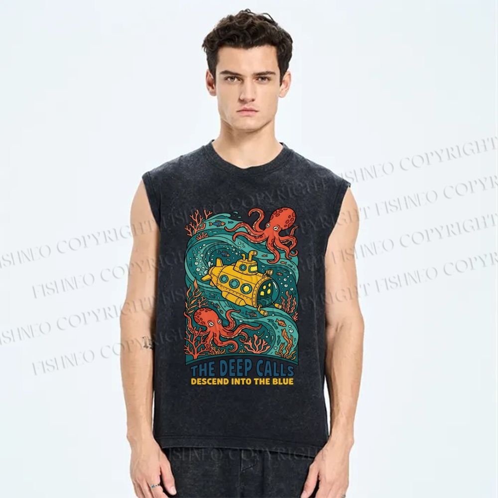 Unisex Octopus With Submarine Printed Washed Tank Top