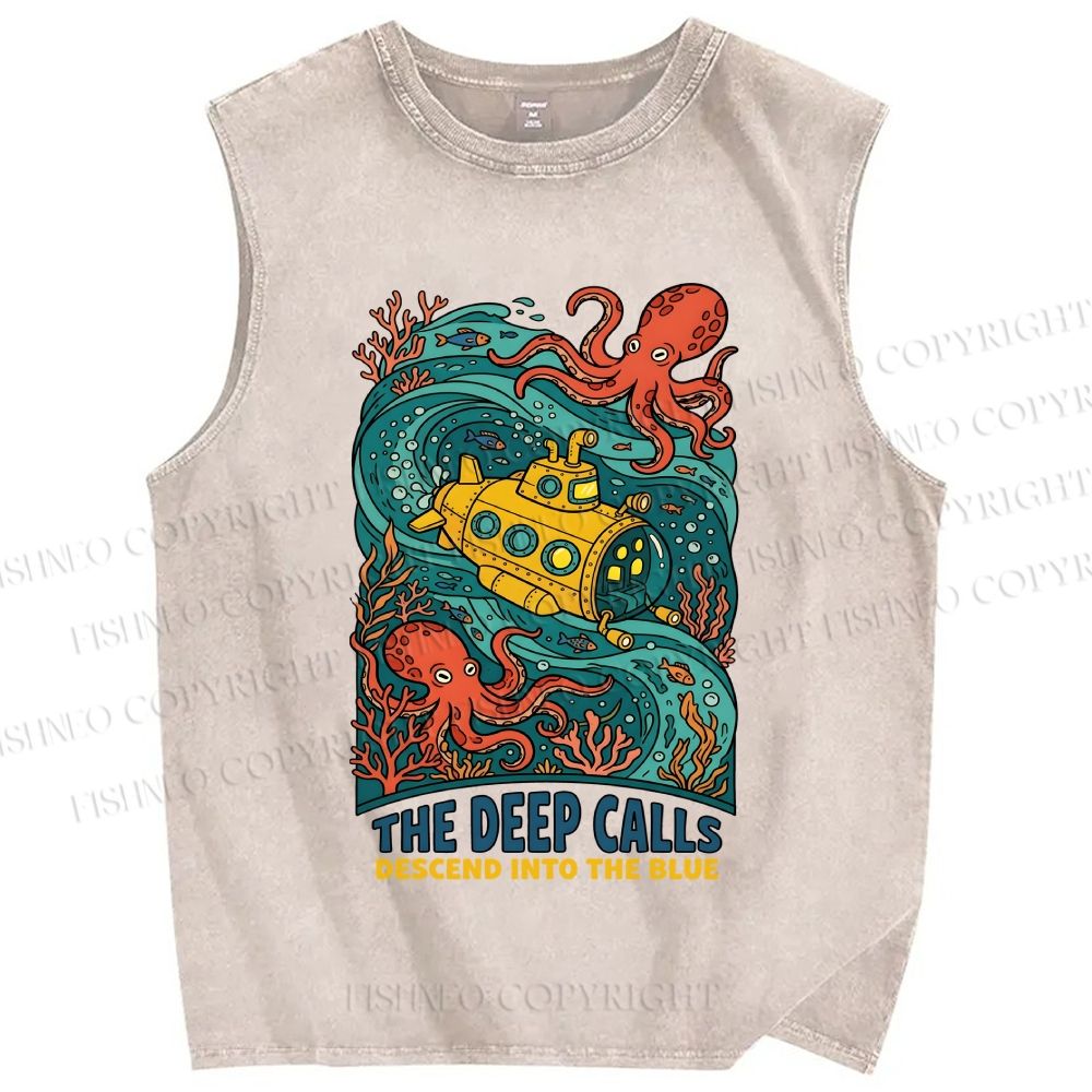 Unisex Octopus With Submarine Printed Washed Tank Top