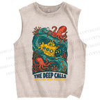 Unisex Octopus With Submarine Printed Washed Tank Top