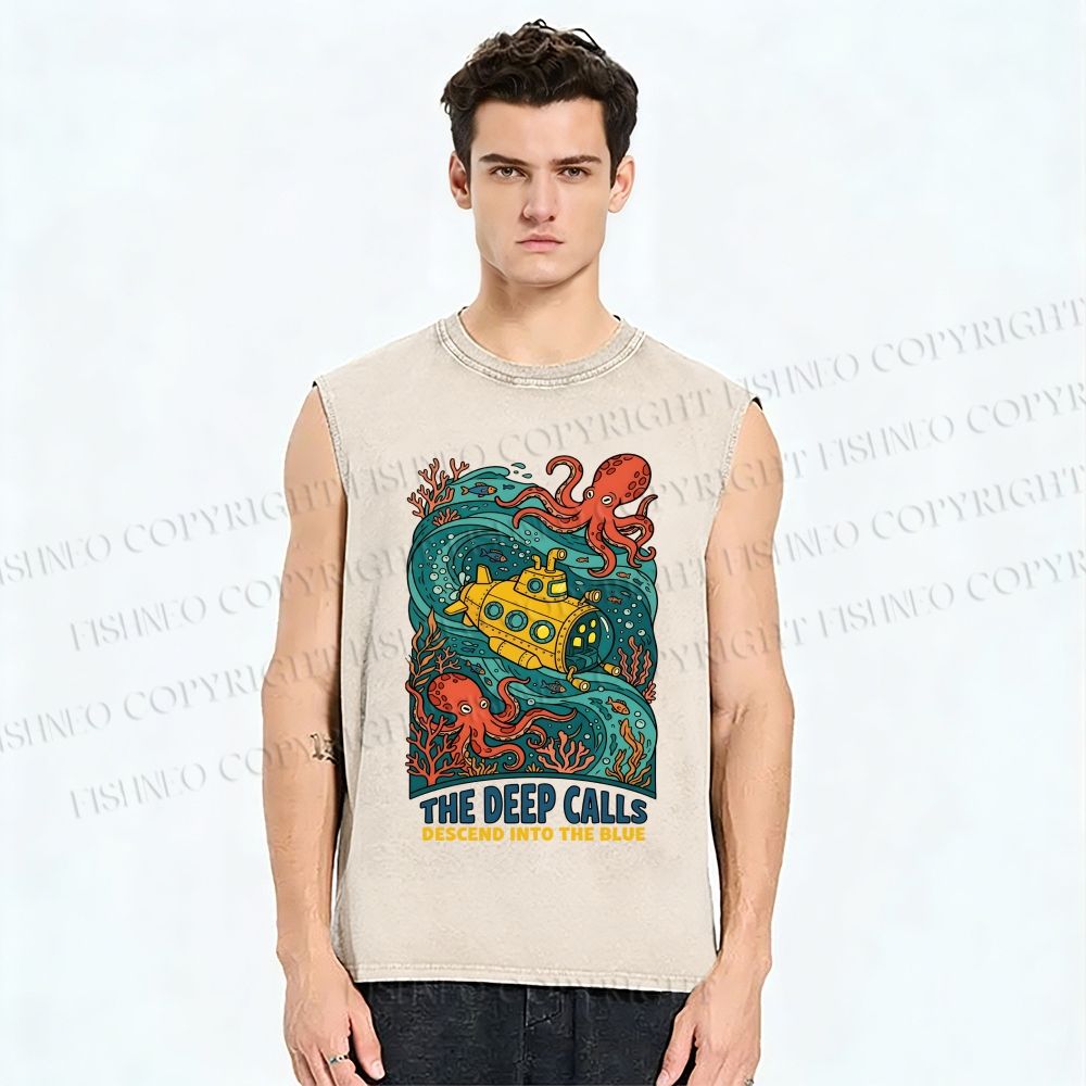 Unisex Octopus With Submarine Printed Washed Tank Top