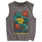 Unisex Octopus With Submarine Printed Washed Tank Top