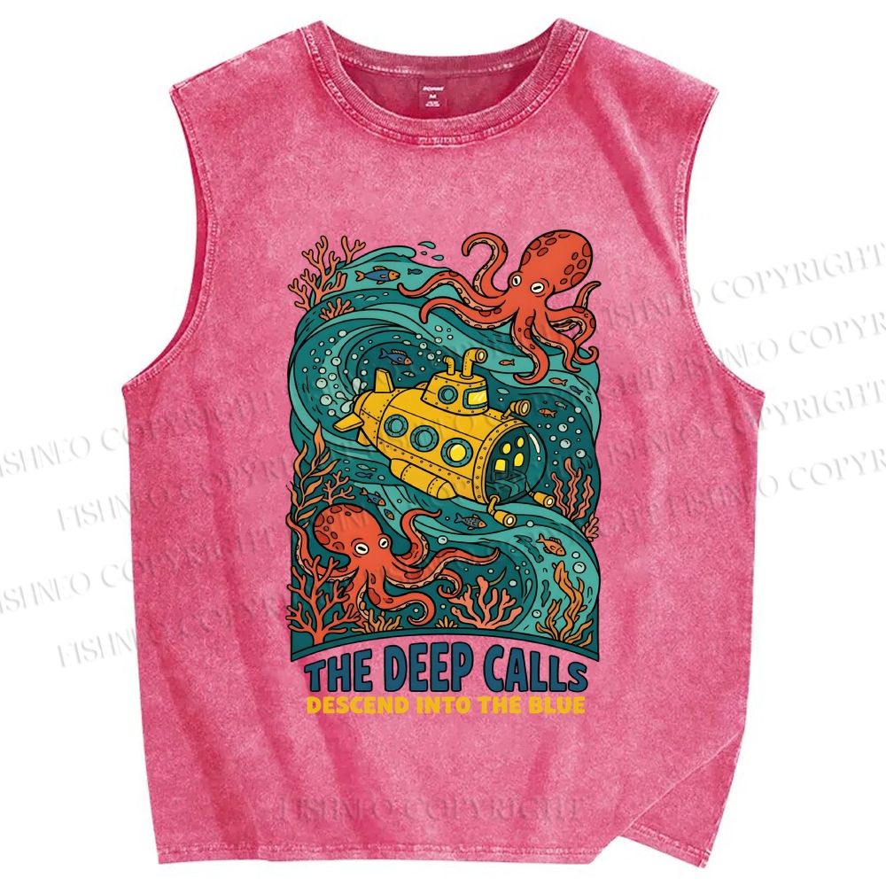 Unisex Octopus With Submarine Printed Washed Tank Top