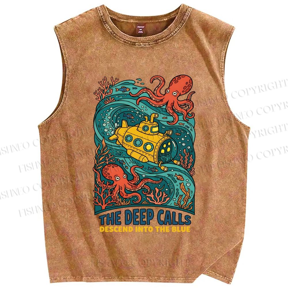 Unisex Octopus With Submarine Printed Washed Tank Top