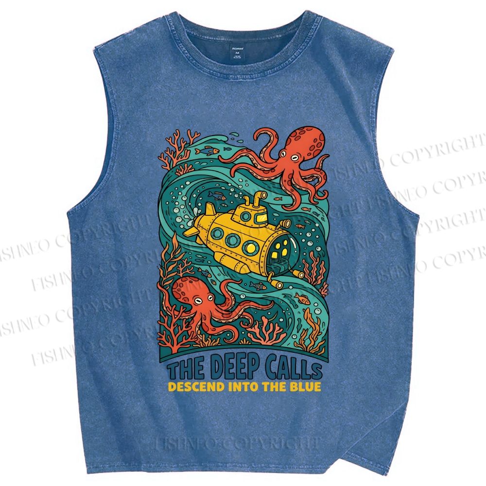 Unisex Octopus With Submarine Printed Washed Tank Top