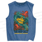 Unisex Octopus With Submarine Printed Washed Tank Top