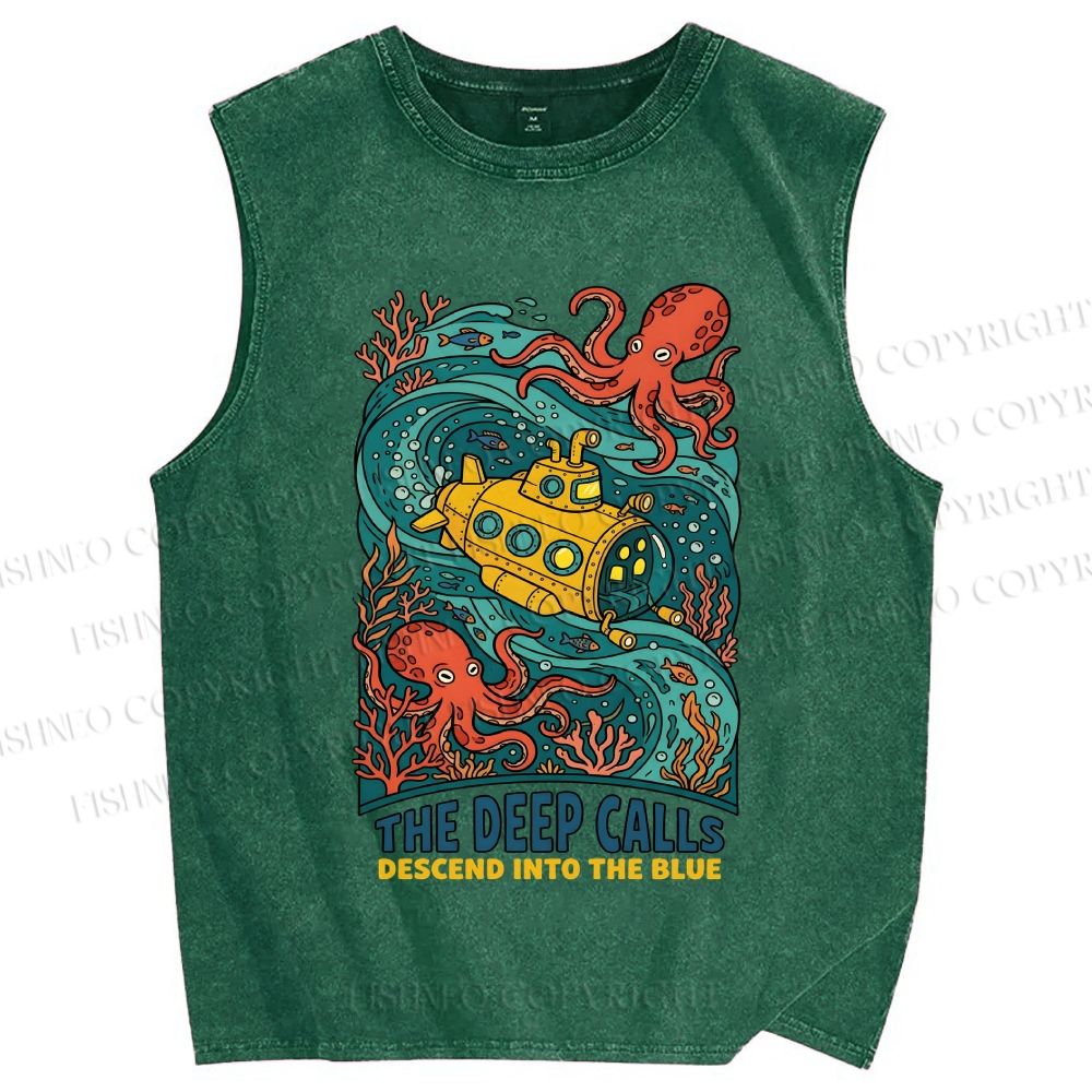 Unisex Octopus With Submarine Printed Washed Tank Top