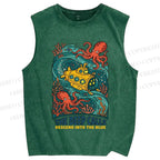 Unisex Octopus With Submarine Printed Washed Tank Top
