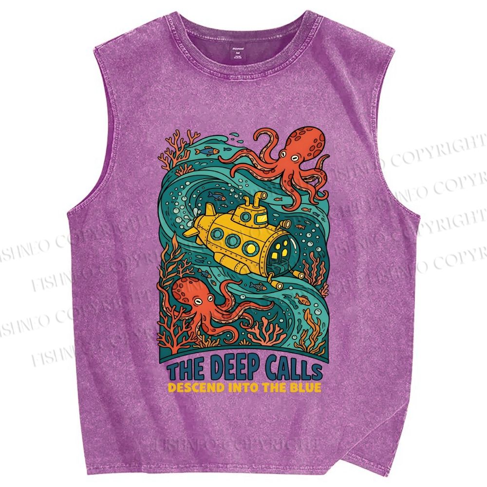 Unisex Octopus With Submarine Printed Washed Tank Top