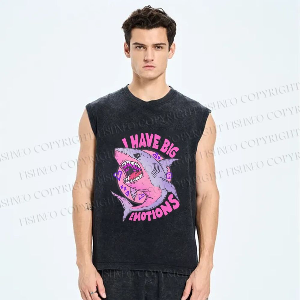 Unisex Shark Have Big Emotions Printed Washed Tank Top