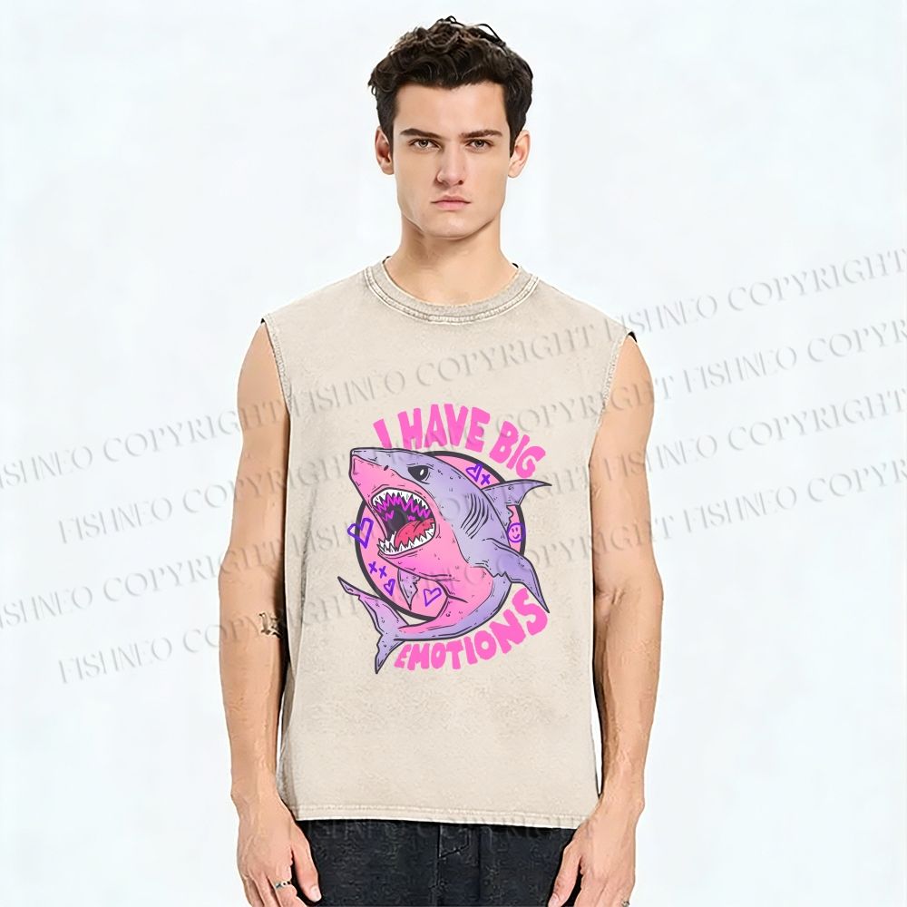 Unisex Shark Have Big Emotions Printed Washed Tank Top