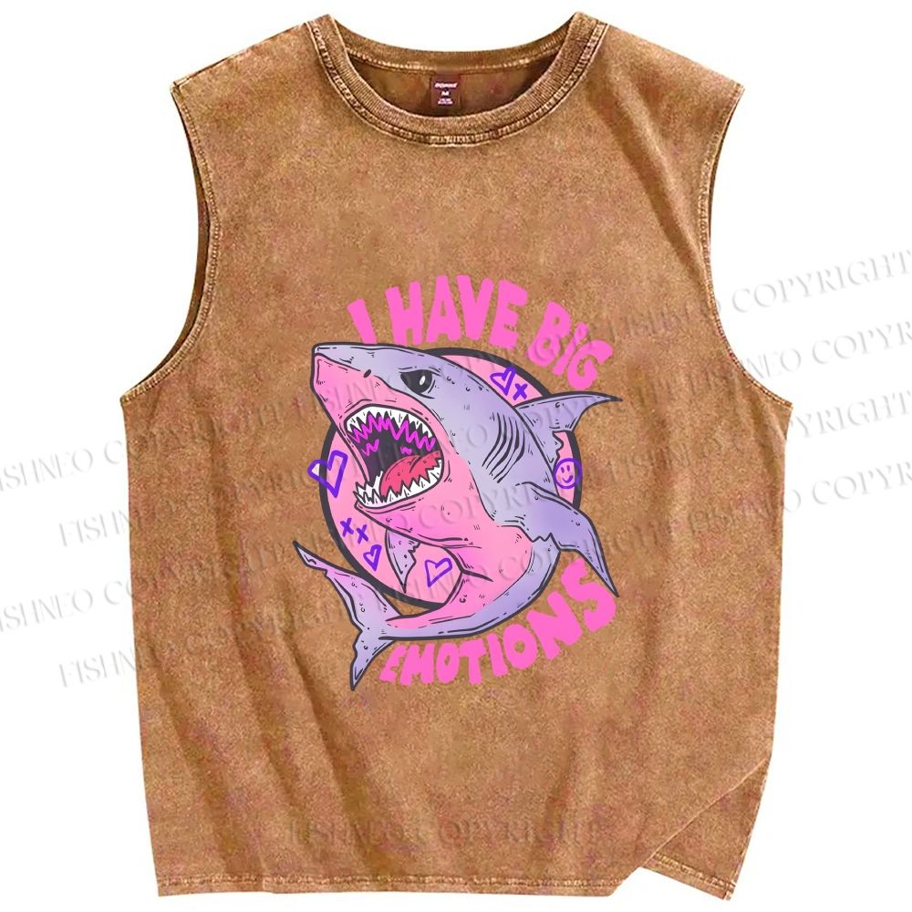 Unisex Shark Have Big Emotions Printed Washed Tank Top