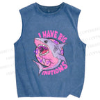 Unisex Shark Have Big Emotions Printed Washed Tank Top