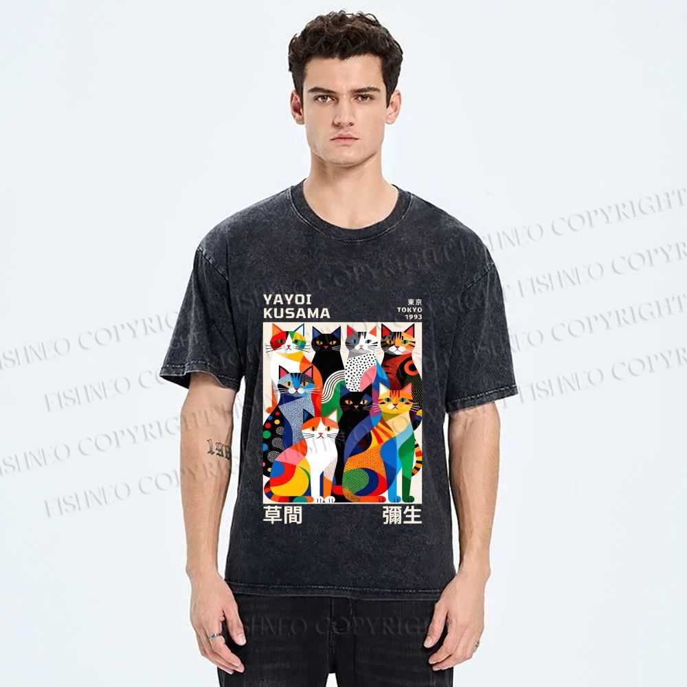 Unisex Yayoi Kusama Cats Printed Washed Tee