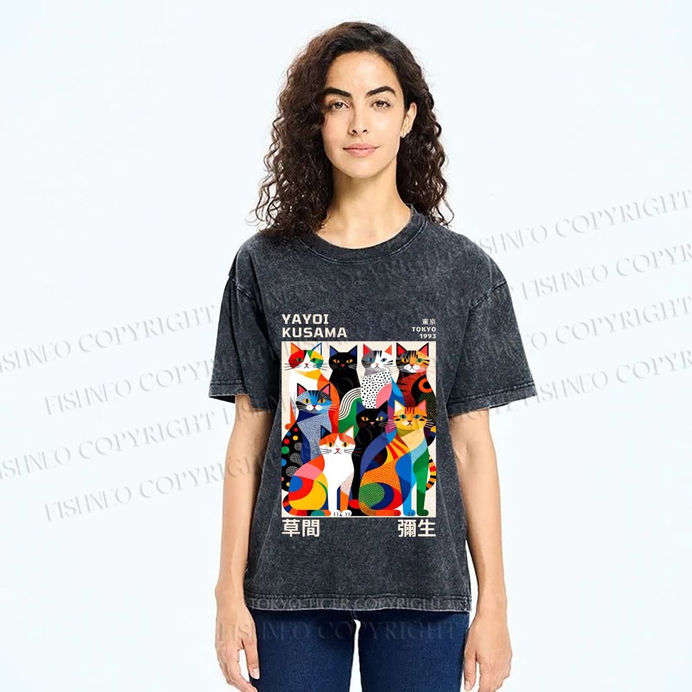 Unisex Yayoi Kusama Cats Printed Washed Tee