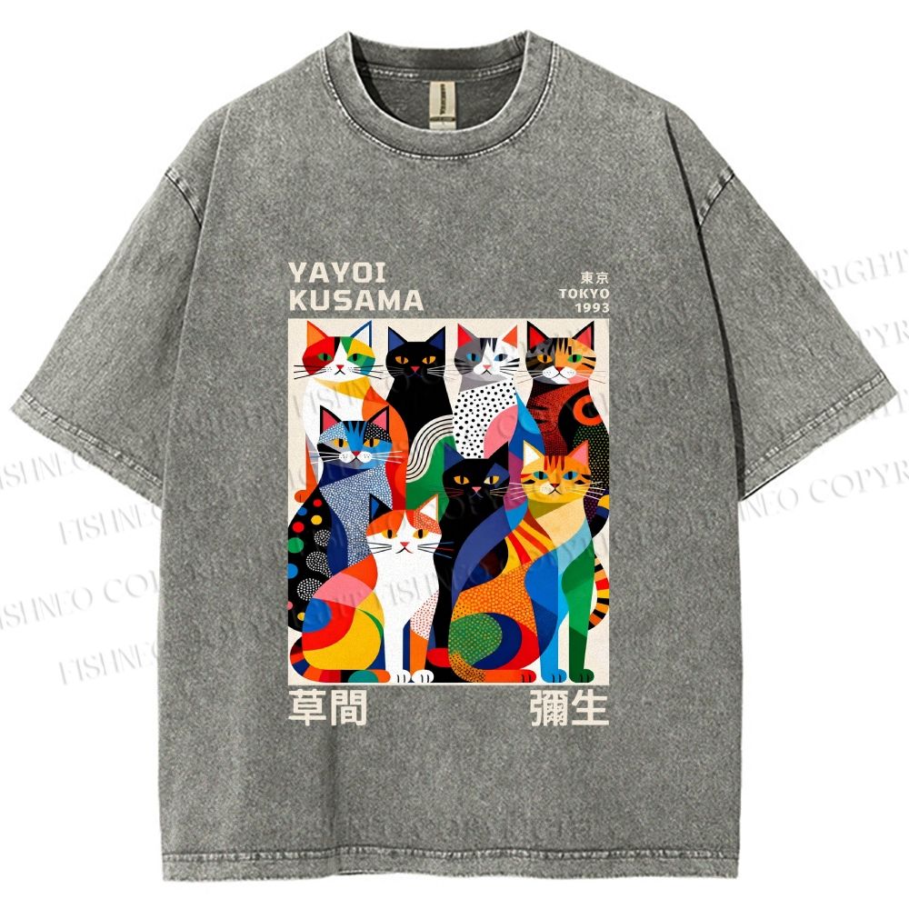 Unisex Yayoi Kusama Cats Printed Washed Tee