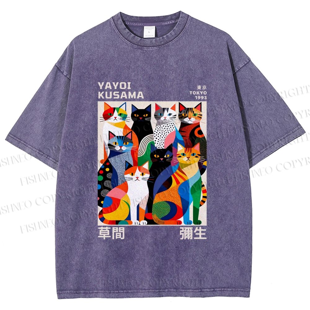 Unisex Yayoi Kusama Cats Printed Washed Tee