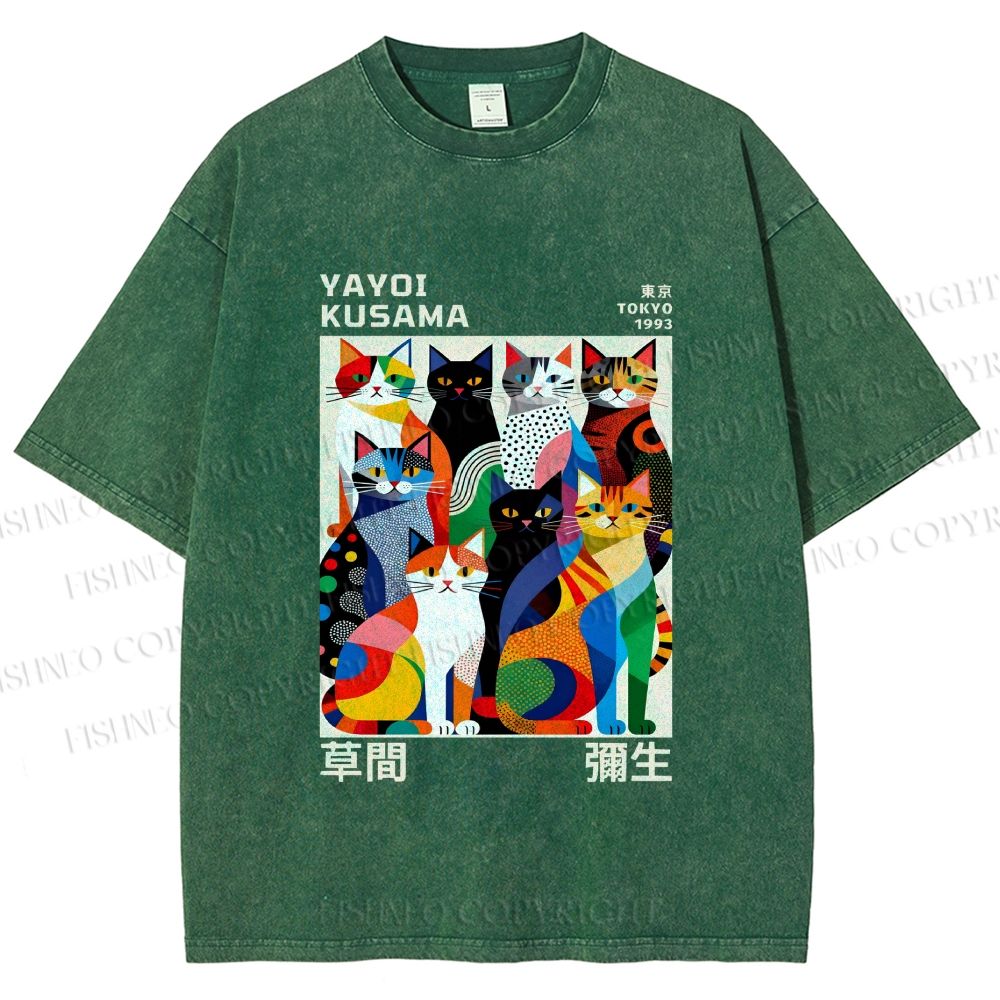 Unisex Yayoi Kusama Cats Printed Washed Tee