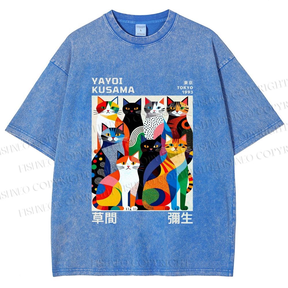 Unisex Yayoi Kusama Cats Printed Washed Tee