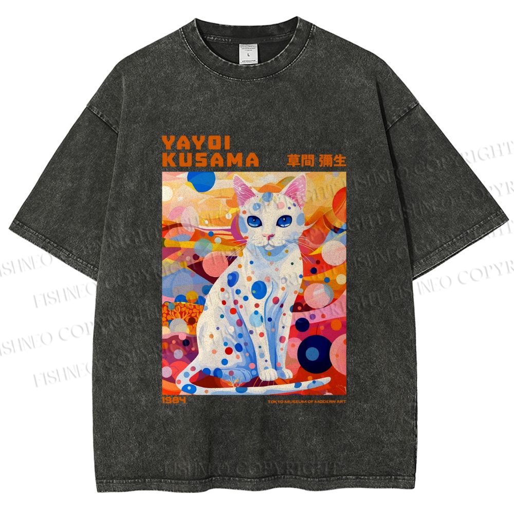 Unisex Yayoi Kusama Cat With Dots Printed Washed Tee