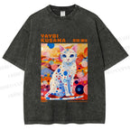 Unisex Yayoi Kusama Cat With Dots Printed Washed Tee