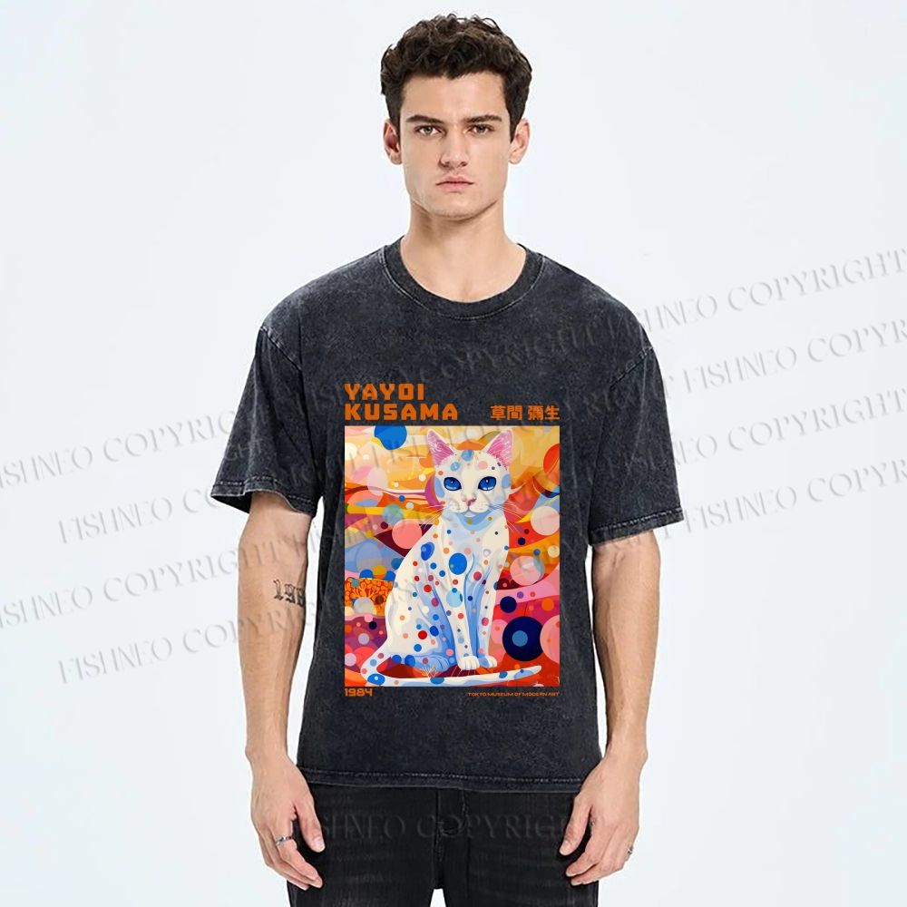 Unisex Yayoi Kusama Cat With Dots Printed Washed Tee