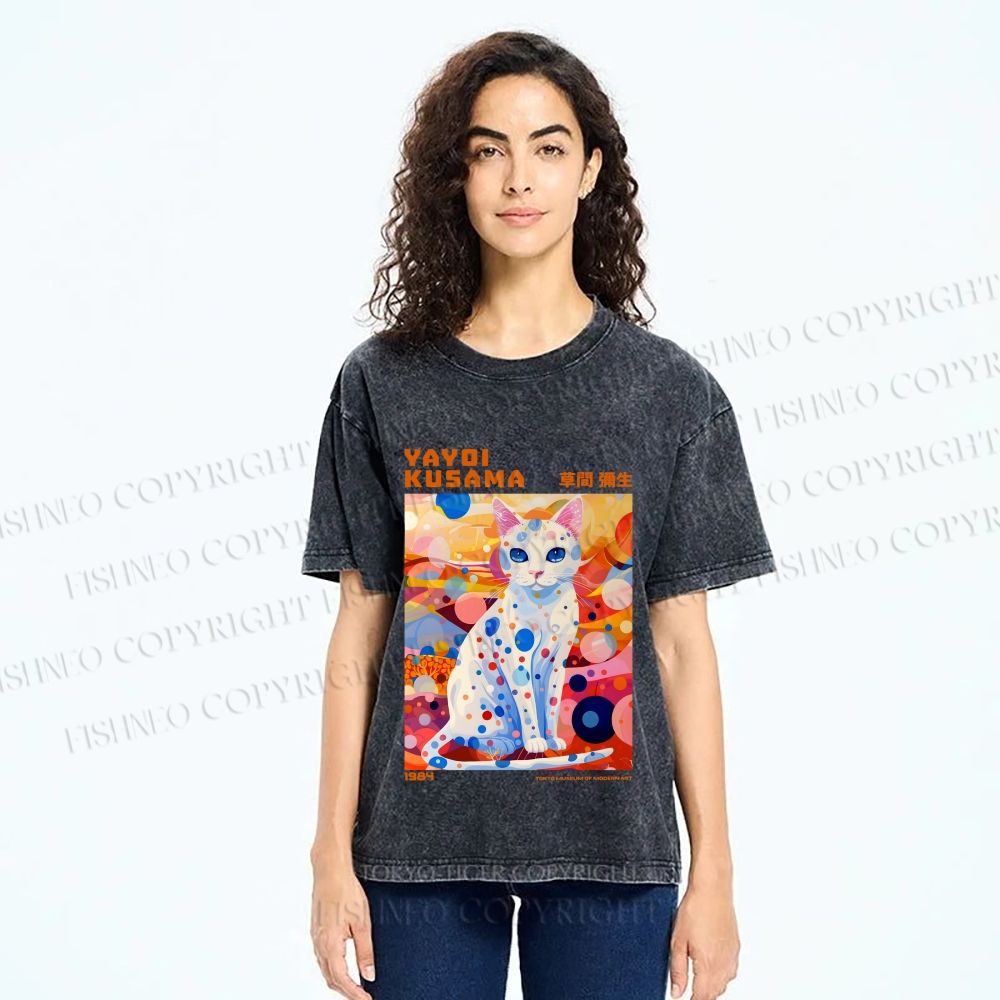 Unisex Yayoi Kusama Cat With Dots Printed Washed Tee