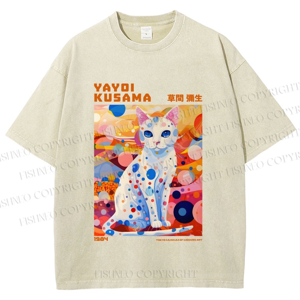 Unisex Yayoi Kusama Cat With Dots Printed Washed Tee