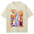 Unisex Yayoi Kusama Cat With Dots Printed Washed Tee