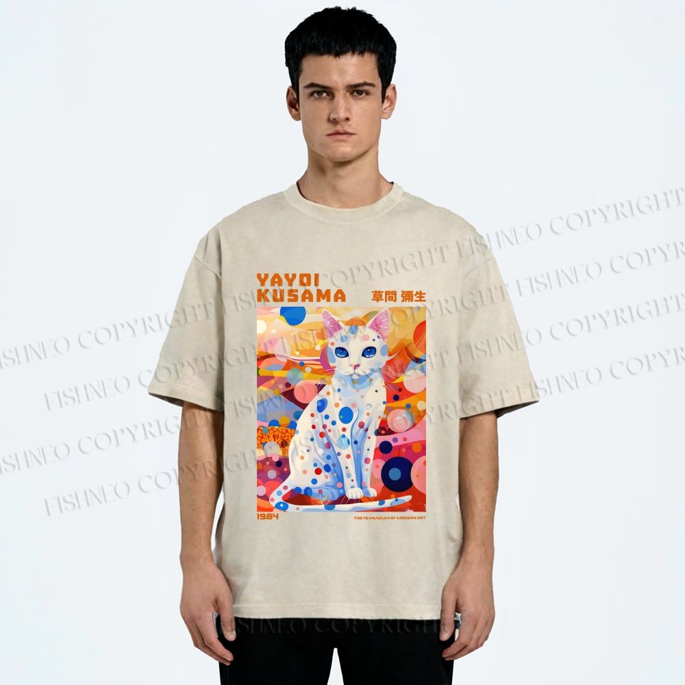 Unisex Yayoi Kusama Cat With Dots Printed Washed Tee