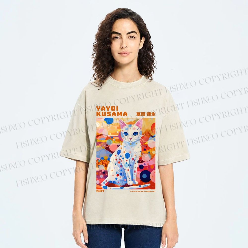 Unisex Yayoi Kusama Cat With Dots Printed Washed Tee