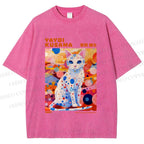 Unisex Yayoi Kusama Cat With Dots Printed Washed Tee