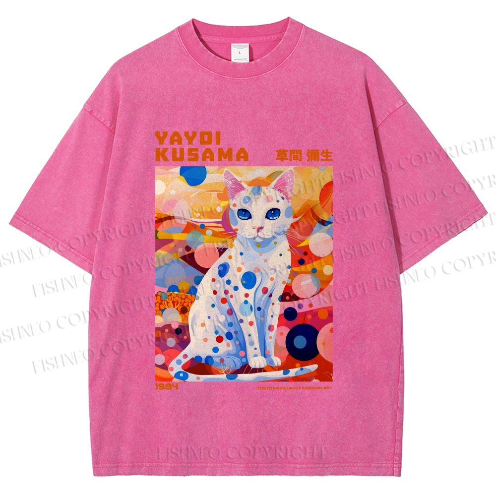 Unisex Yayoi Kusama Cat With Dots Printed Washed Tee