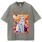 Unisex Yayoi Kusama Cat With Dots Printed Washed Tee