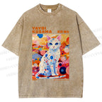 Unisex Yayoi Kusama Cat With Dots Printed Washed Tee