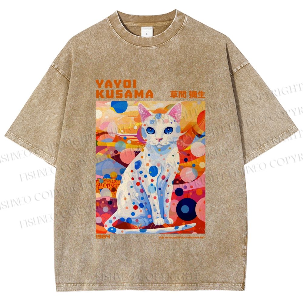 Unisex Yayoi Kusama Cat With Dots Printed Washed Tee