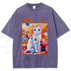 Unisex Yayoi Kusama Cat With Dots Printed Washed Tee