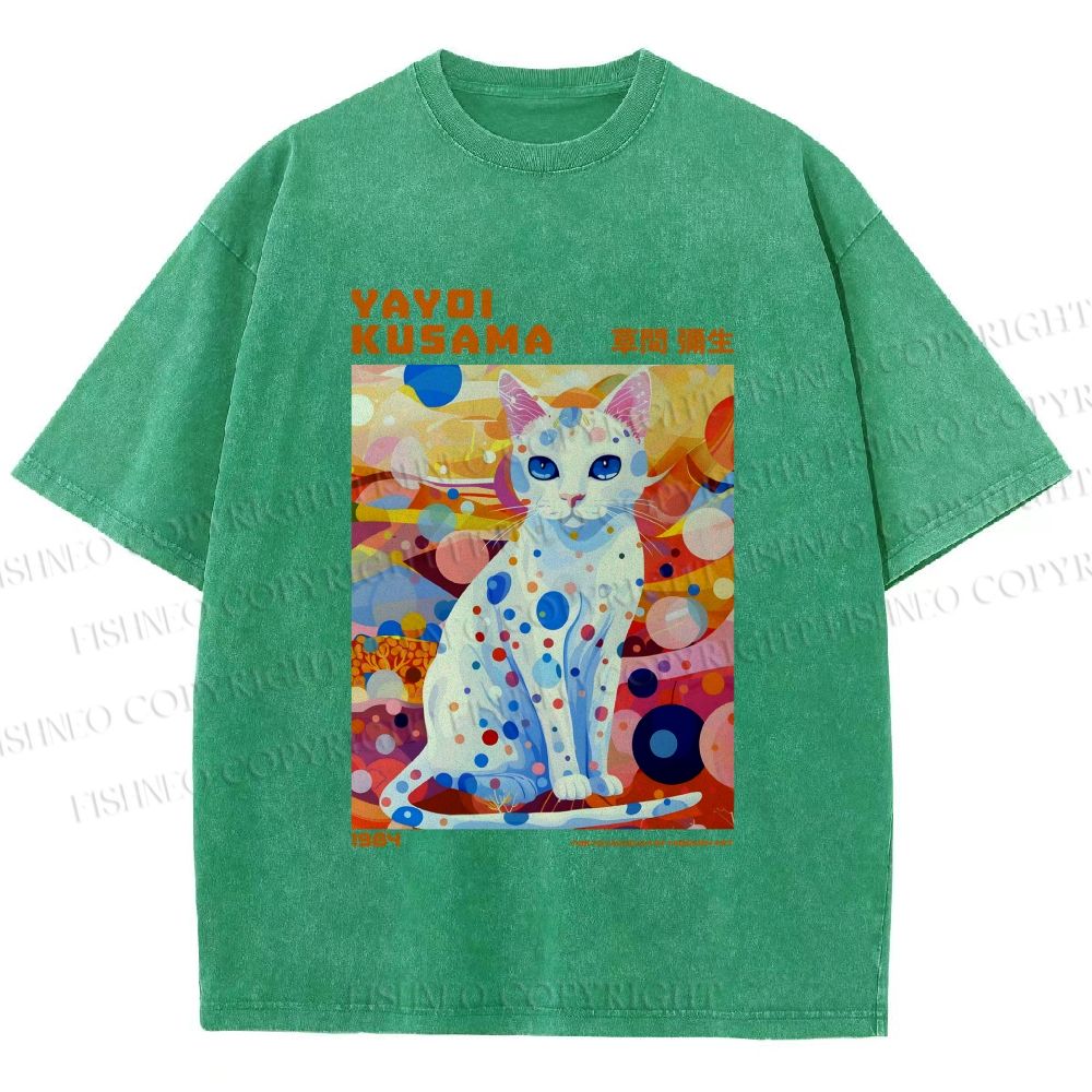 Unisex Yayoi Kusama Cat With Dots Printed Washed Tee