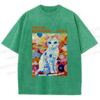 Unisex Yayoi Kusama Cat With Dots Printed Washed Tee